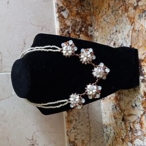 Pink and light blue crystal flowers and beads neckless